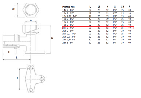 Пресс-уголок с креплением 20х1/2", внутренняя резьба
