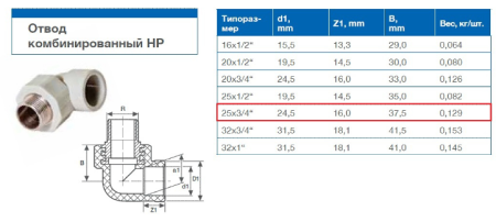 Уголок PP-R комбинированный 25х3/4", наружная резьба