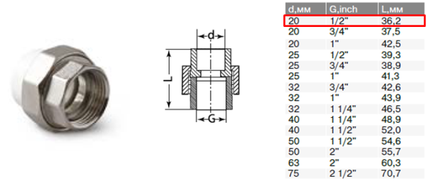 Американка 20х1/2", внутренняя резьба
