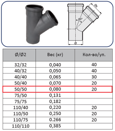 Тройник ПП 50х50 (45°)
