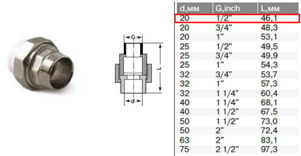Американка 20х1/2", наружная резьба
