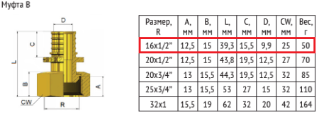 Муфта аксиальная 16х1/2", внутренняя резьба