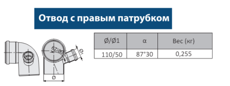 Отвод ПП 110(87°) с правым выходом 50мм