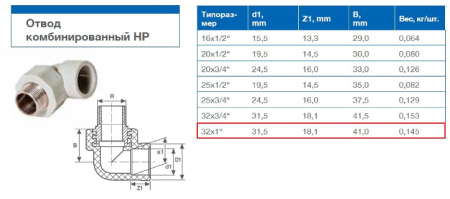 Уголок PP-R комбинированный 32х1", наружная резьба